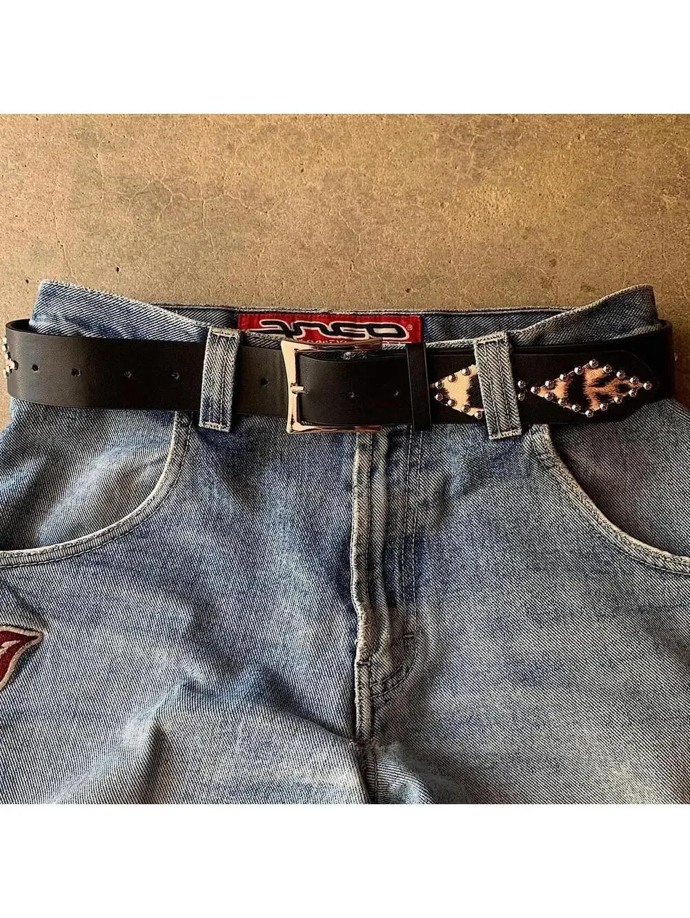 Vintage Y2K style Cheetah Print Studded Black Belt. 39 inches fits a 26-34